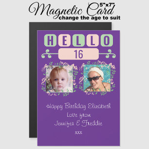 Hello 16 birthday 2 photo purple magnetic card