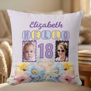 Hello 18 name 2 photos gerbera flowers purple cushion