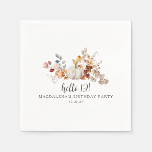 Hello 19 Fall Pumpkin Leaves Custom Birthday Napkin