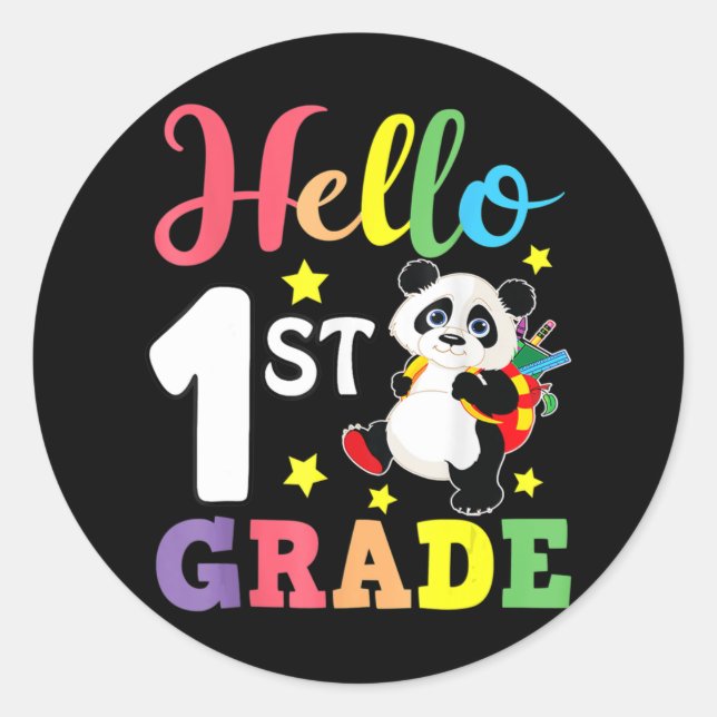 Hello 1st Grade Cute Panda Back To School Student  Classic Round Sticker (Front)