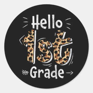 Hello 1st Grade Leopard Print Back to School Girls Classic Round Sticker