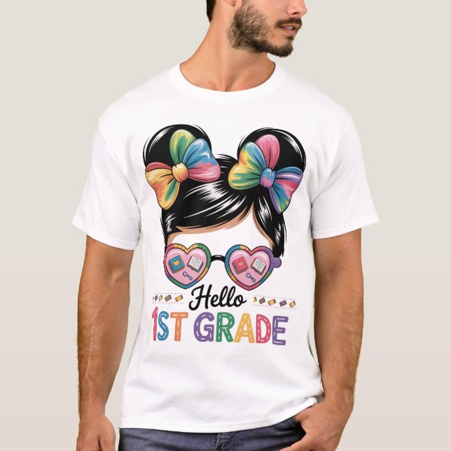Hello 1St Grade Messy Bun Back To School T-Shirt (Front)