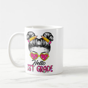 Hello 1st Grade Messy Bun Girls Ck To School Tie D Coffee Mug