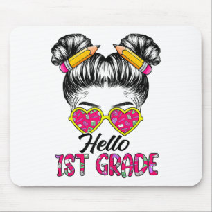 Hello 1st Grade Messy Bun Girls Ck To School Tie D Mouse Mat