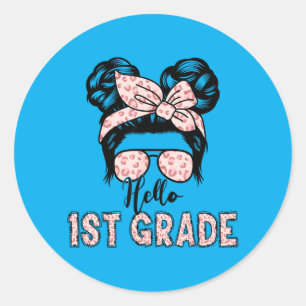 Hello 1st Grade Messy Hair Bun Girl Back To School Classic Round Sticker