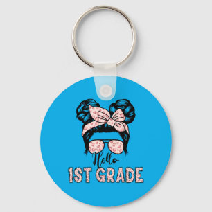 Hello 1st Grade Messy Hair Bun Girl Back To School Key Ring