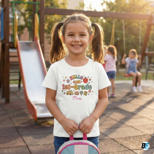 Hello 1st Grade Retro Groovy Custom Name Kids Baby T-Shirt