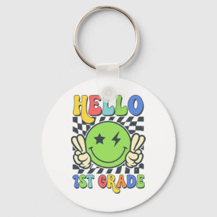 Hello 1st Grade Vibes Groovy Smile Face Back To Sc Key Ring