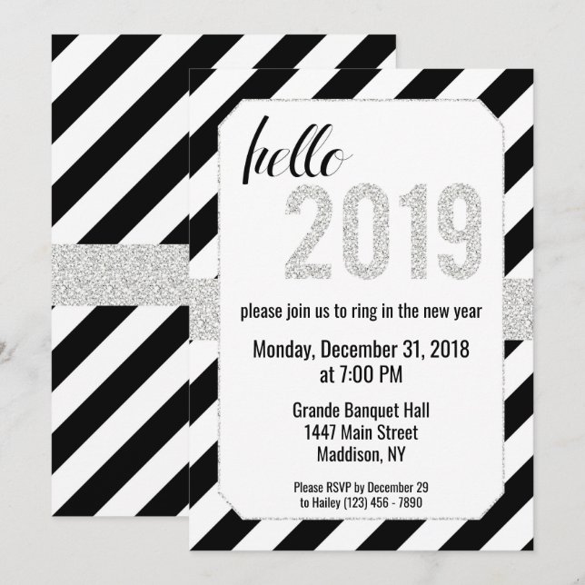hello 2019, Silver New Years Eve Invitation (Front/Back)