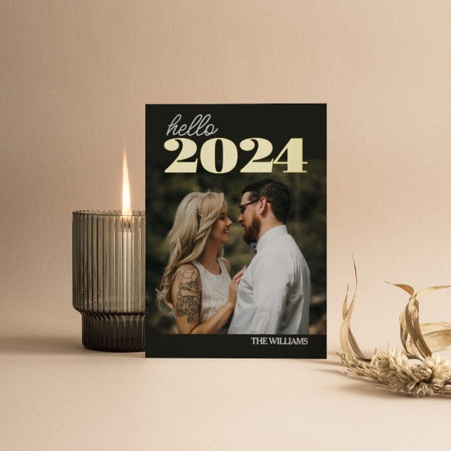 hello 2024 Foil Happy New Year Photo Postcard (Creator Uploaded)