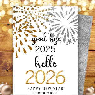 Hello 2024 Gold Glitter Festive Fireworks New Year Holiday Card