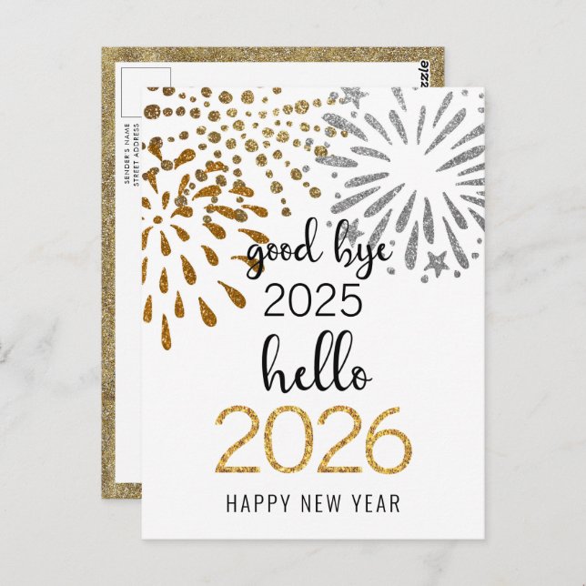 Hello 2024 Gold Glitter New Year Festive Fireworks Postcard (Front/Back)