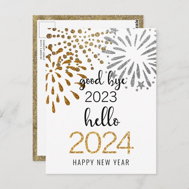 Hello 2024 Gold Glitter New Year Festive Fireworks Postcard (Front/Back)