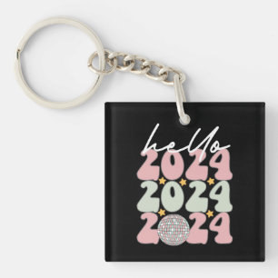 Hello 2024 Groovy Happy New Year Christmas Key Ring