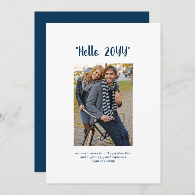 Hello 2024 Happy New Year Minimalist Photo Blue Holiday Card (Front/Back)