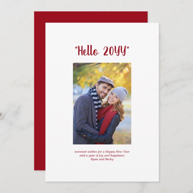 Hello 2024 Happy New Year Minimalist Photo Red Holiday Card (Front/Back)