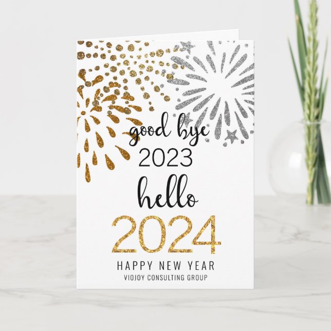 Hello 2025 Business Gold Glitter Festive Fireworks Holiday Card (Front)