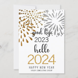 Hello 2025 Business Gold Glitter Festive Fireworks Holiday Card