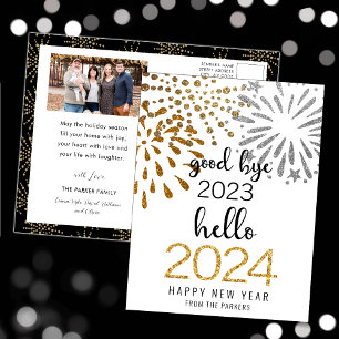 Hello 2025 Festive Fireworks New Year Gold Photo Holiday Postcard
