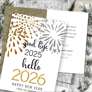 Hello 2025 Gold Glitter Festive Fireworks New Year Holiday Card