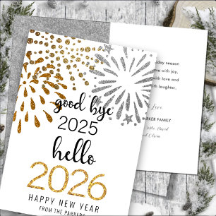 Hello 2025 Gold Glitter Festive Fireworks New Year Holiday Card