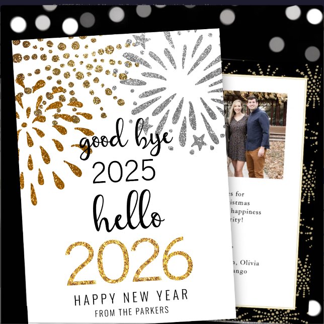 Hello 2025 Gold Glitter Festive Fireworks New Year Holiday Card (Creator Uploaded)