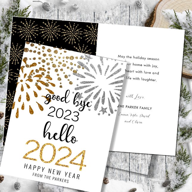 Hello 2025 Gold Glitter Festive Fireworks New Year Holiday Card (Creator Uploaded)