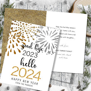 Hello 2025 Gold Glitter Festive Fireworks New Year Holiday Card