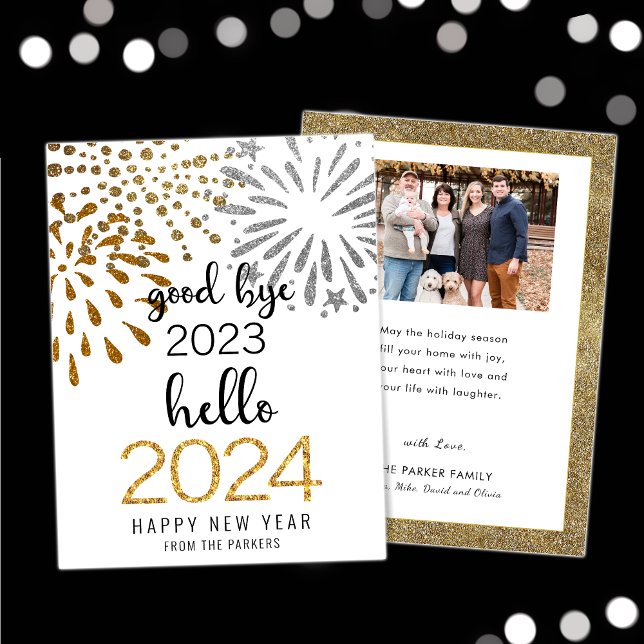 Hello 2025 Gold Glitter Festive Fireworks New Year Holiday Card (Creator Uploaded)