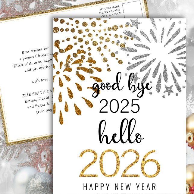 Hello 2025 Gold Glitter Festive Fireworks New Year Holiday Postcard (Creator Uploaded)