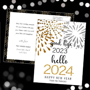 Hello 2025 Gold Glitter Festive Fireworks New Year Holiday Postcard