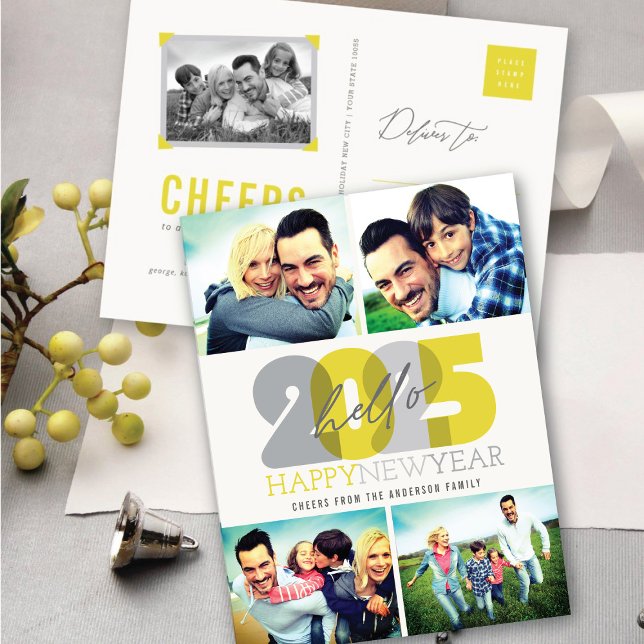 Hello 2025 Modern Happy New Year 4 Photo Collage Holiday Postcard (Hello 2025 Modern Happy New Year 4 Photo Collage Holiday Postcard @ fat_fa_tin)