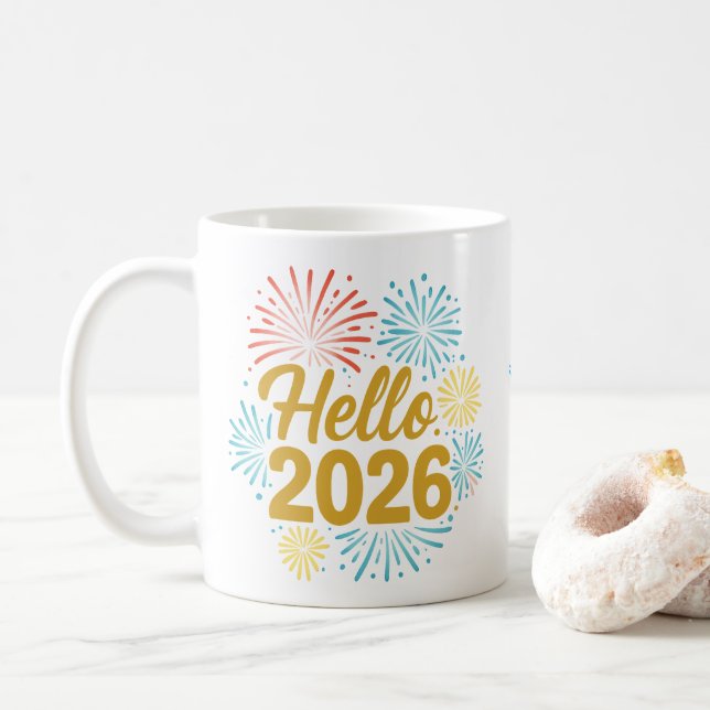 Hello 2026 Fireworks Coffee Mug (With Donut)