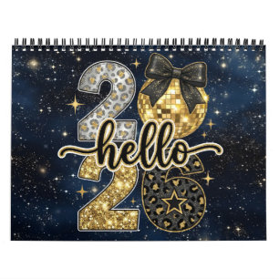 Hello 2026 Gold Glitter Chic Galaxy Calendar