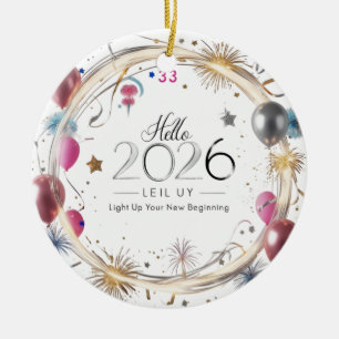 Hello 2026 Metallic Balloons Circle  Ceramic Tree Decoration