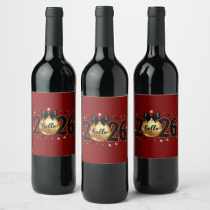 Hello 2026 Red Glitter Sparkle Design Wine Label