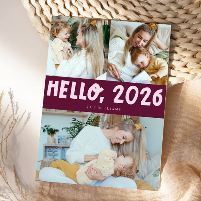 Hello 2026 Typography Cranberry Photo Holiday Card (Creator Uploaded)