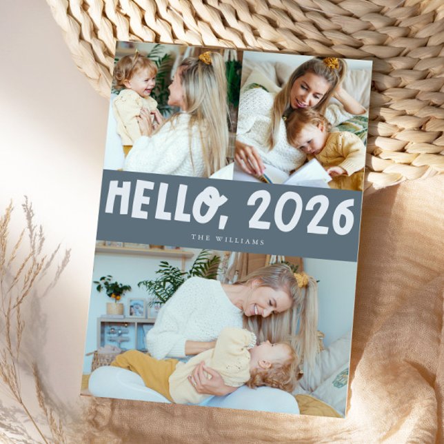 Hello 2026 Typography Slate Blue Photo Holiday Card (Creator Uploaded)