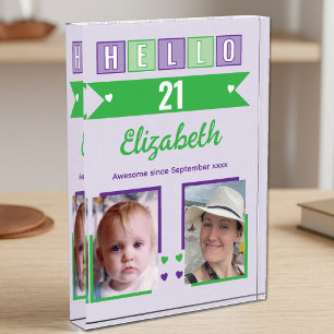 Hello 21 (any age) name est date green purple photo block