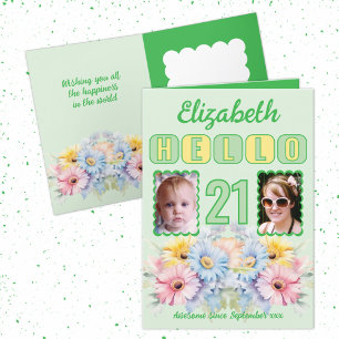 Hello 21 birthday name 2 photo floral green card