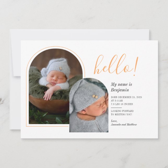 Hello 2 Baby Photos Hand-Lettered Birth Announcement (Front)