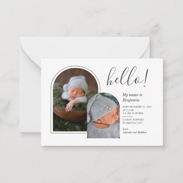 Hello 2 Photos Hand-Lettered Birth Announcement (Front)