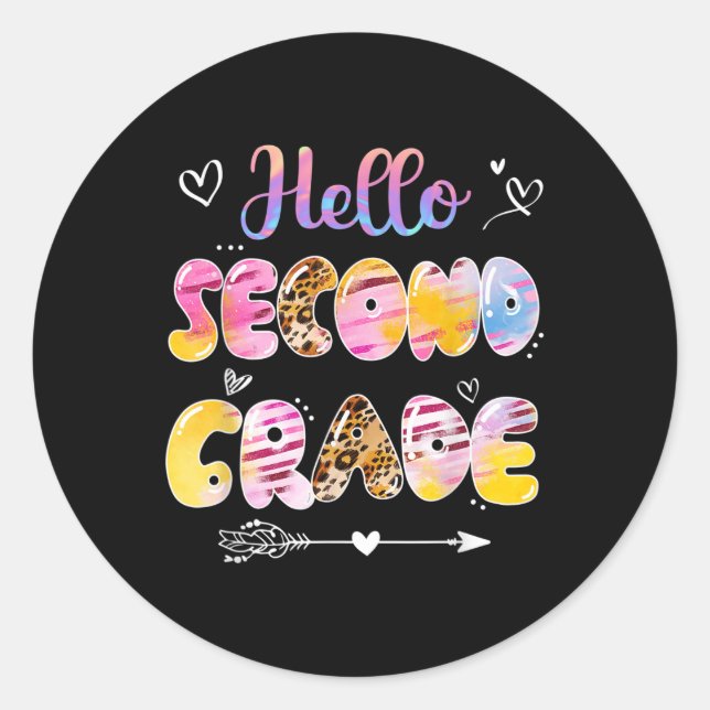Hello 2nd Grade Leopard Tie Dye Back To School  Classic Round Sticker (Front)