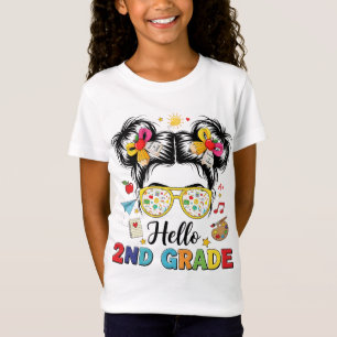 Hello 2nd Grade Messy Bun Coquette Bow Teacher T-Shirt
