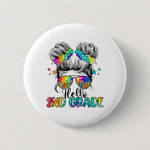 Hello 2nd Grade Messy Hair Bun Girl Ck To School F 6 Cm Round Badge