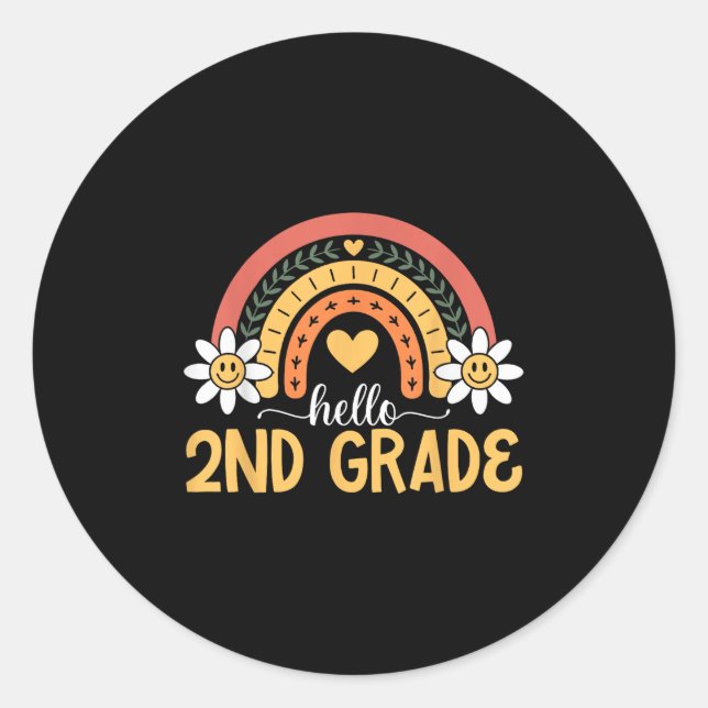 Hello 2nd Grade Rainbow Daisy First Day Of School  Classic Round Sticker (Front)