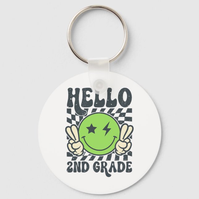 Hello 2nd Grade Vibes Groovy Smile Face Back To Sc Key Ring (Front)