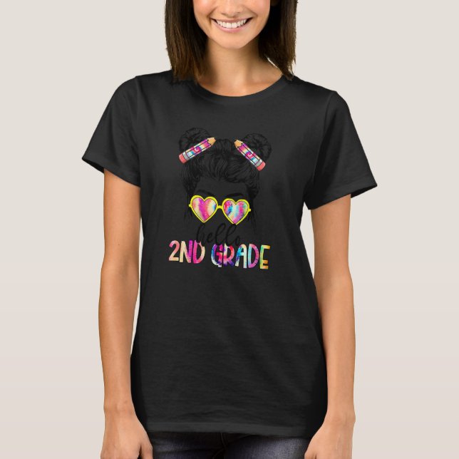 Hello 2nd Second Grade Messy Bun Back To School Ti T-Shirt (Front)