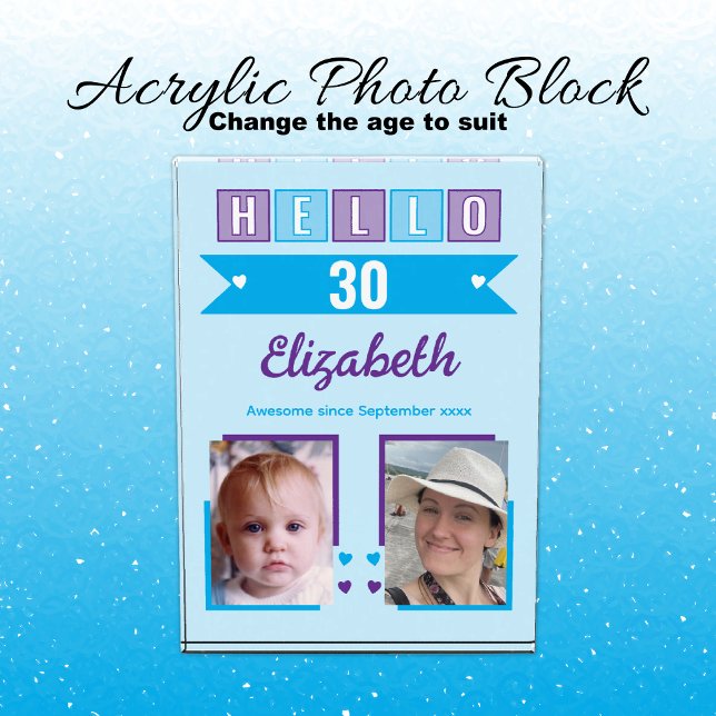 Hello 30 (any age) name est date blue purple photo block (Creator Uploaded)