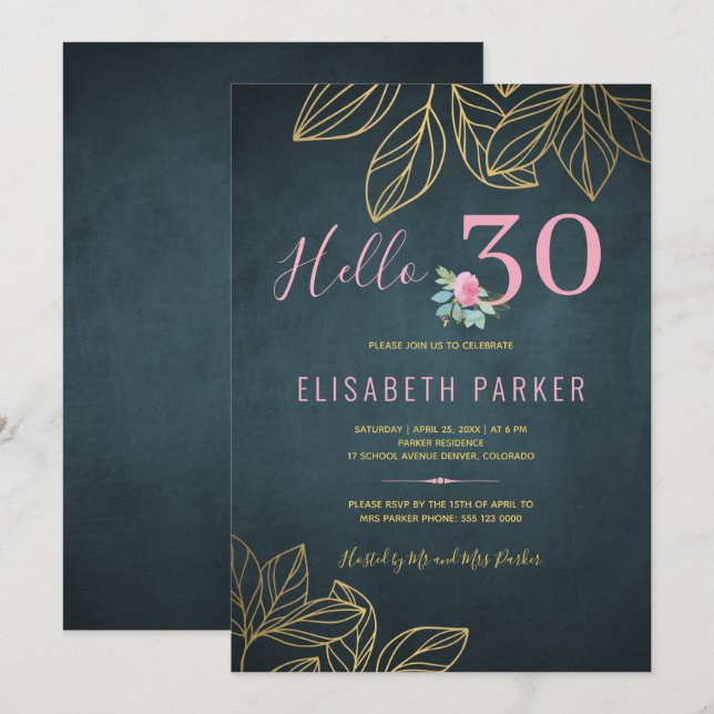 Hello 30 chic gold navy pink 30th birthday party invitation (Front/Back)
